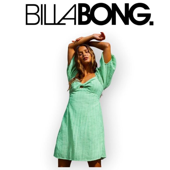 Billabong candy green 100% cotton boho Sol Puff Sleeve mini dress size M NWOT - Picture 1 of 12